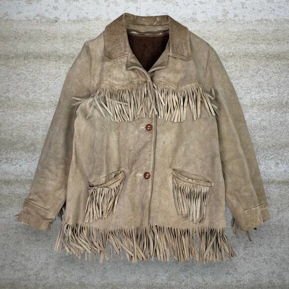 Vintage Other - True Vintage 90s Western Suede Leather Jacket Mens M Tan Faux Fur Line Button Up